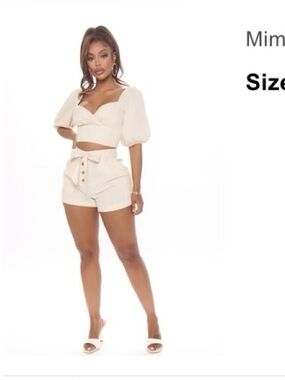 Two-Piece Puff Sleeve Crop Top & High-Waist Button Shorts - Cream/Nude